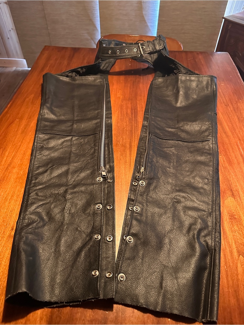 Women's Black Leather Motorcycle Chaps with Adjustable Waist